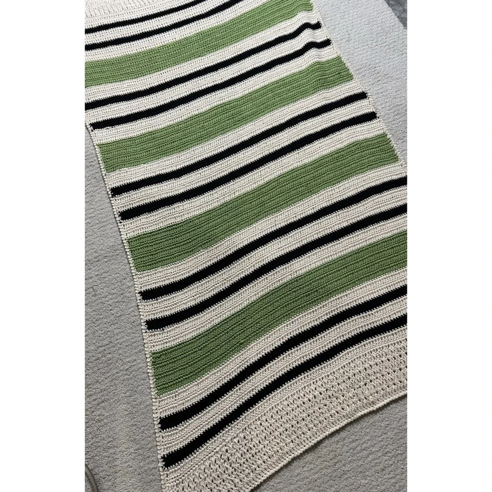 33x63 Green, Cream, Black Striped‎ Afghan/throw Blanket